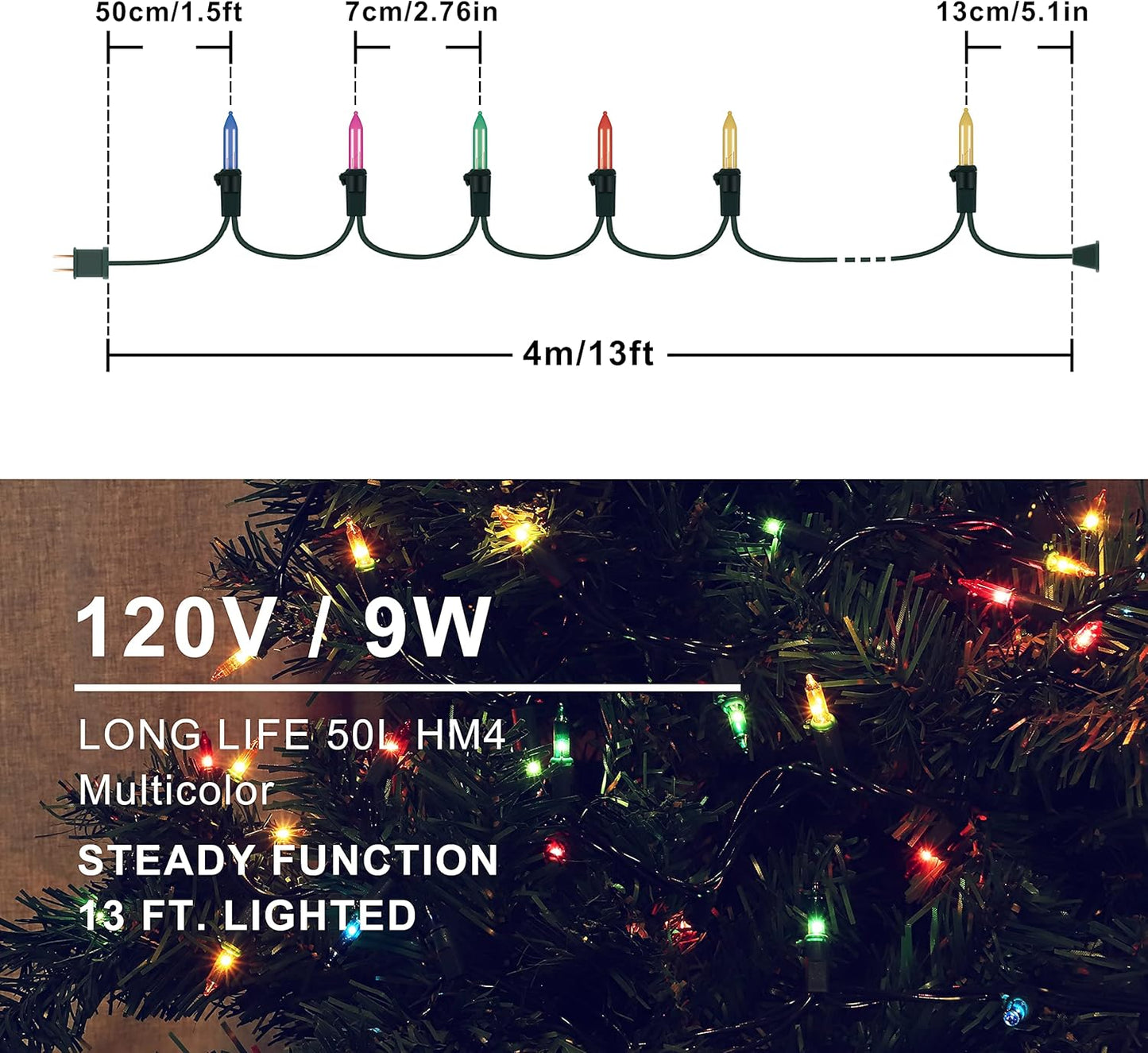 Hopolon Christmas String Lights,2 Pack 13ft 50Count Incandescent Mini String Lights Connectable, Waterproof Fairy Lights for Garden Xmas Tree Wedding Wreath Party Decoration (Multicolor 2 pcs)
