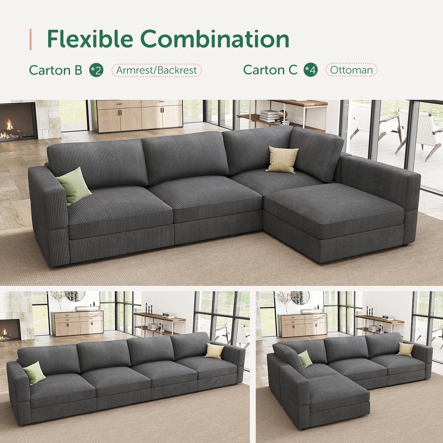 HONBAY Modular Sectional Couches with Storage Corduroy Sleeper Sofa Modular Sectional Couches for Living Room,Dark Grey