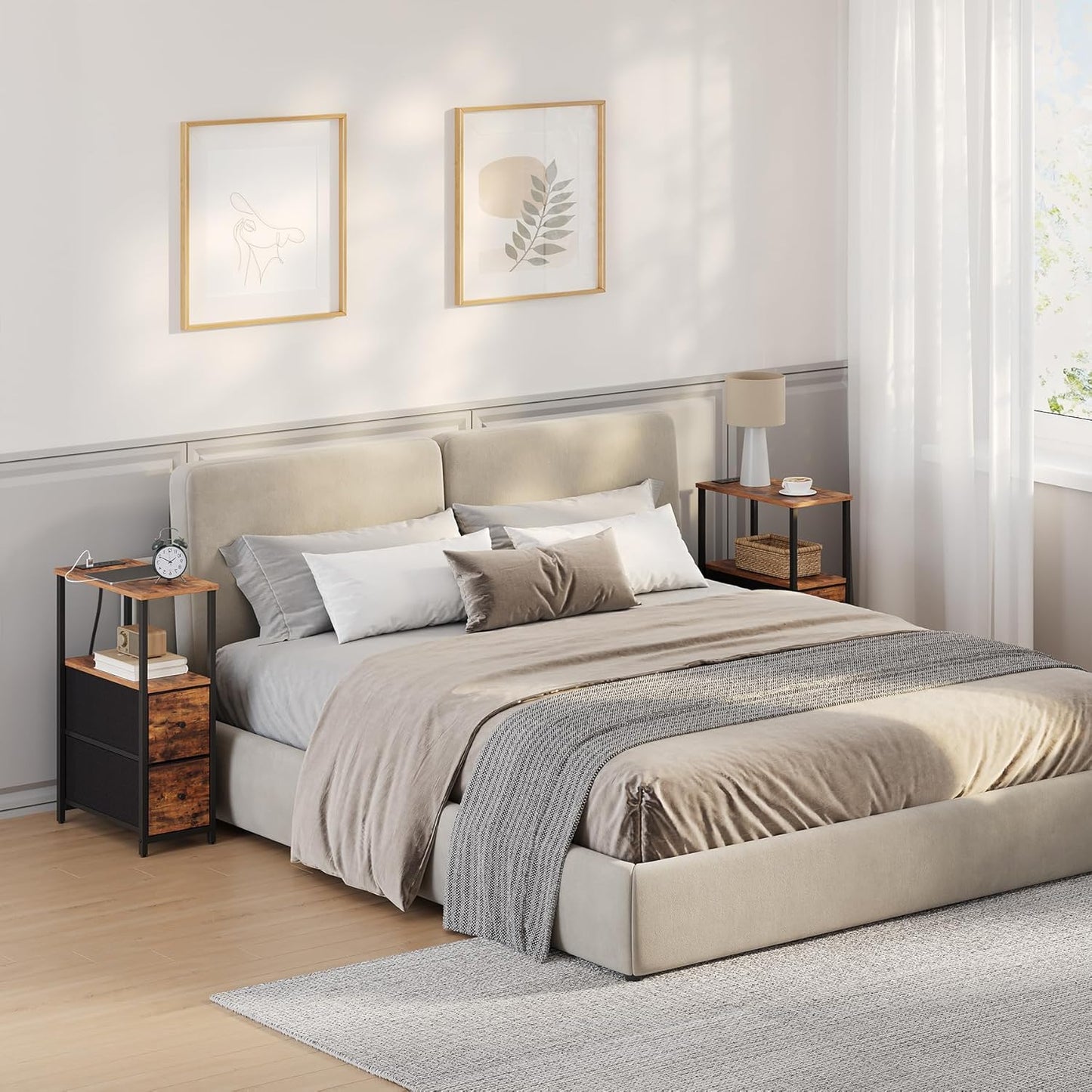 TUTOTAK Small Narrow End Table with Charging Station, Side Table with Outlets, Nightstand with 2 Cloth Drawers, Couch Table, for Living Room, Bedroom, Bedside, Brown TB01BB085