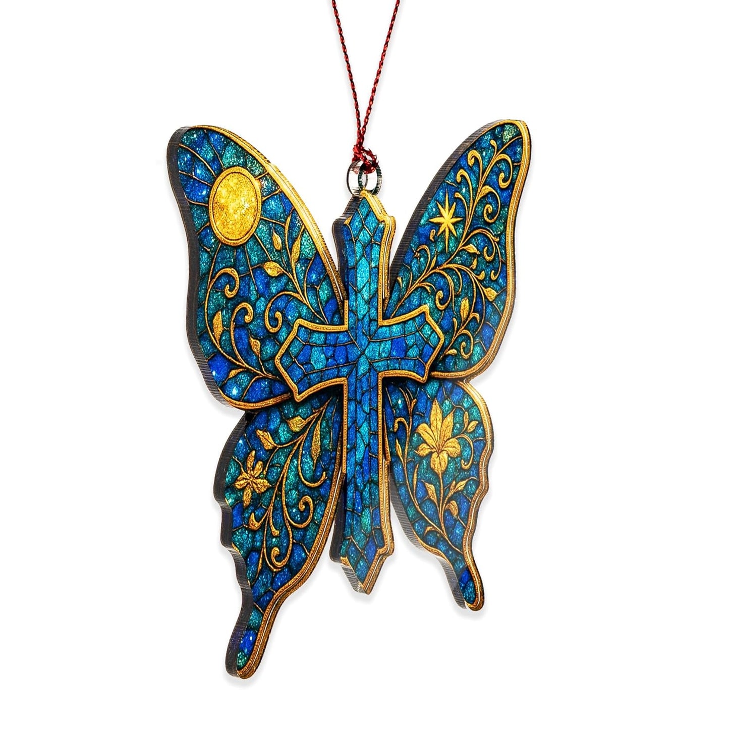 Butterfly Cross Ornament – Christian Memorial Christmas Ornament – Religious Sympathy Gift for Loss of Loved One – Bereavement Keepsake Decoration, Suncatcher Effect stained glass window hanging