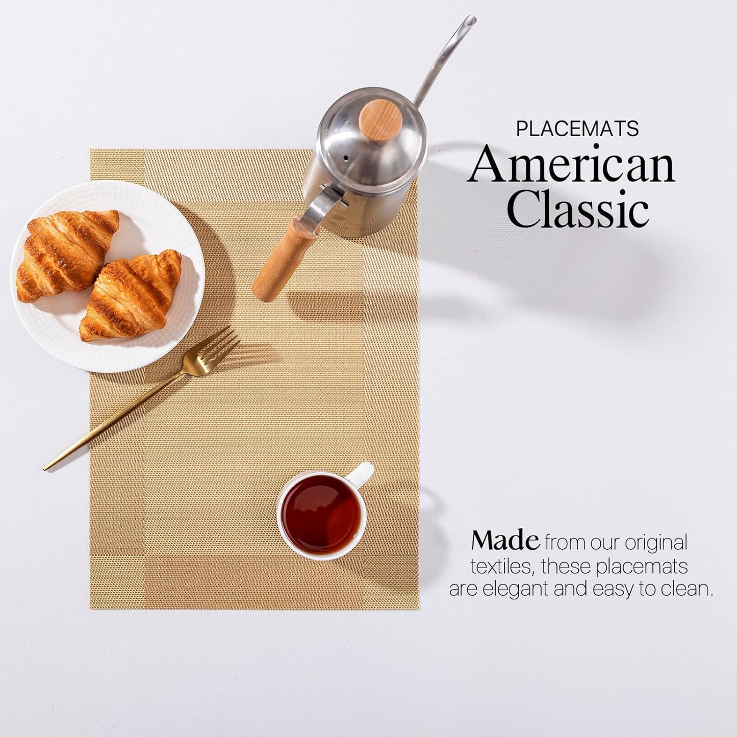 LEXMORE Placemats Set of 12 Vinyl/Plastic Woven Place Mats for Kitchen Table Indoor/Outdoor Washable Placemat Wipeable Dining Table Mats(G-Gold Cube)