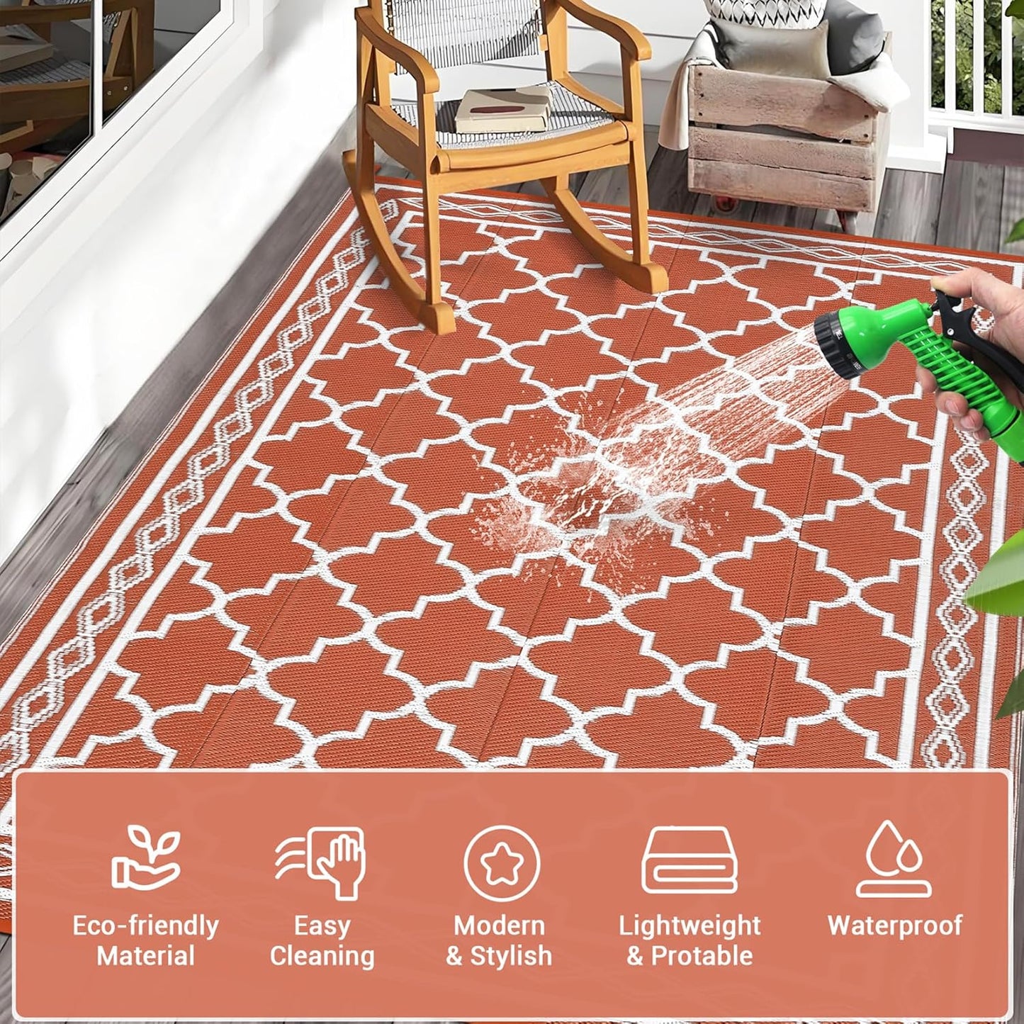 GAOMON Outdoor Rug Waterproof 8'x10', Reversible Outdoor Plastic Straw Rug, Boho Patio Rug, Indoor Outdoor Carpet, RV Mat Outside for Patio, Camp, Picnic, Balcony, Deck, Orange/White(Geometric)