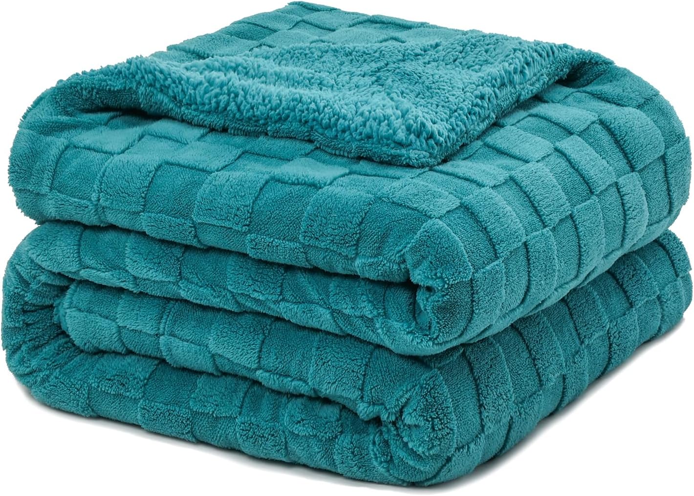 Pawque Super Soft Cozy Throw Blanket for Couch Bed - Fluffy Sherpa Fleece Reversible Thick Warm Fuzzy Blanket for All-Season, 3D Checkered Jacquard Elegant Decorative Blankets, Teal Green, 50" x 60"