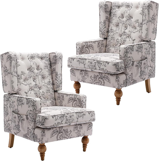 DUOMAY Tufted Accent Chair Set of 2, Modern Linen Upholstered Wingback Side Arm Chair for Living Room Bedroom with Wood Legs, Comfy Reading Guest Chair for Office, Beige Flower Pattern
