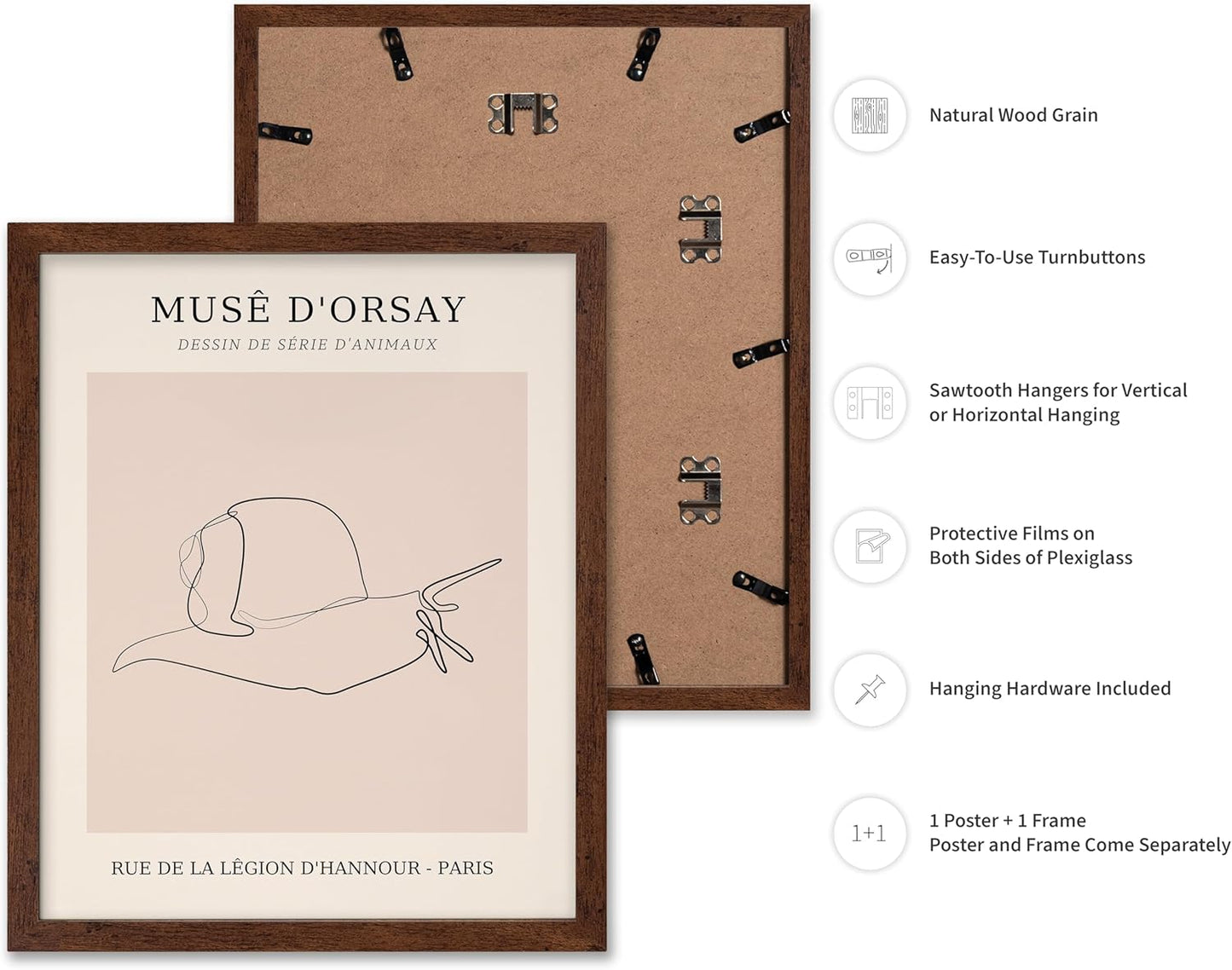 Poster Master Vintage Poster - Retro One Line Snail Drawing Print - Snail Line Art - Minimal Gift for Men, Women, Animal Lover - Abstract Wall Decor for Home, Office, 16x20 Brown Framed