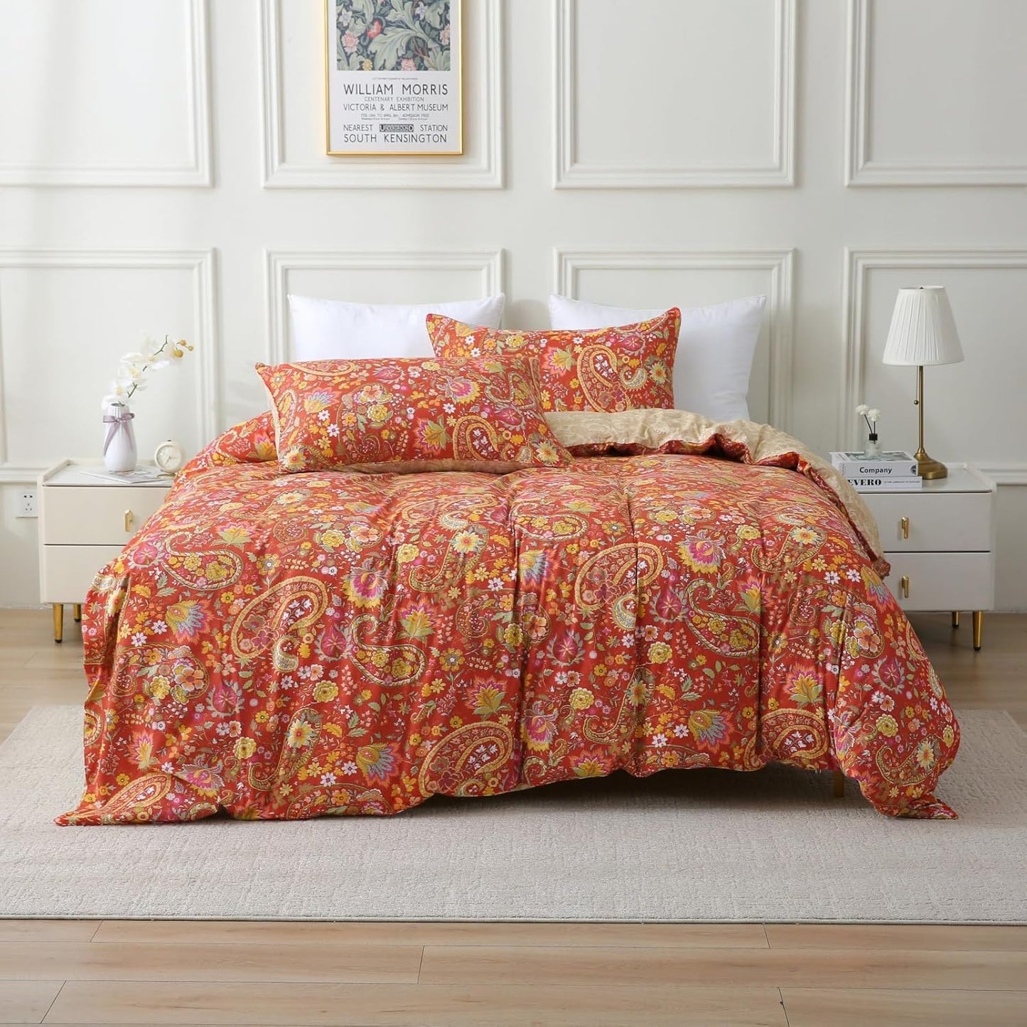 ABREEZE Paisley Bedding Sets 3Pcs Brushed Cotton Duvet Cover Set King Size Rustic Damask Red Floral Comforter Cover with Zipper Closure Boho Bedding Collections