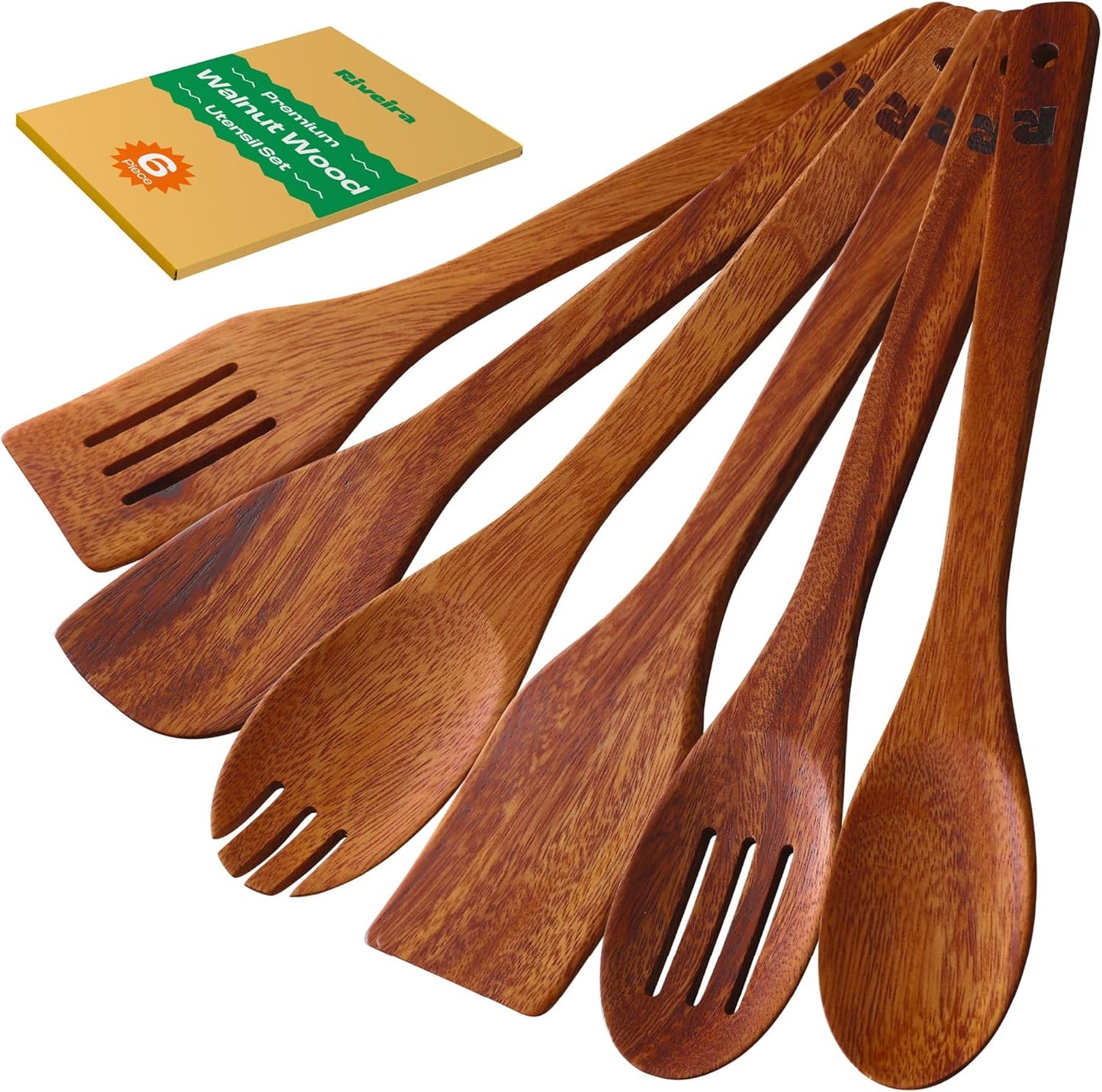 Riveira Walnut Wooden Spoons for Cooking Set of 6 – Natural Walnut Wooden Cooking Utensils, Spatula, Spoon - Premium Quality Utensil Set for Non-Toxic Cooking