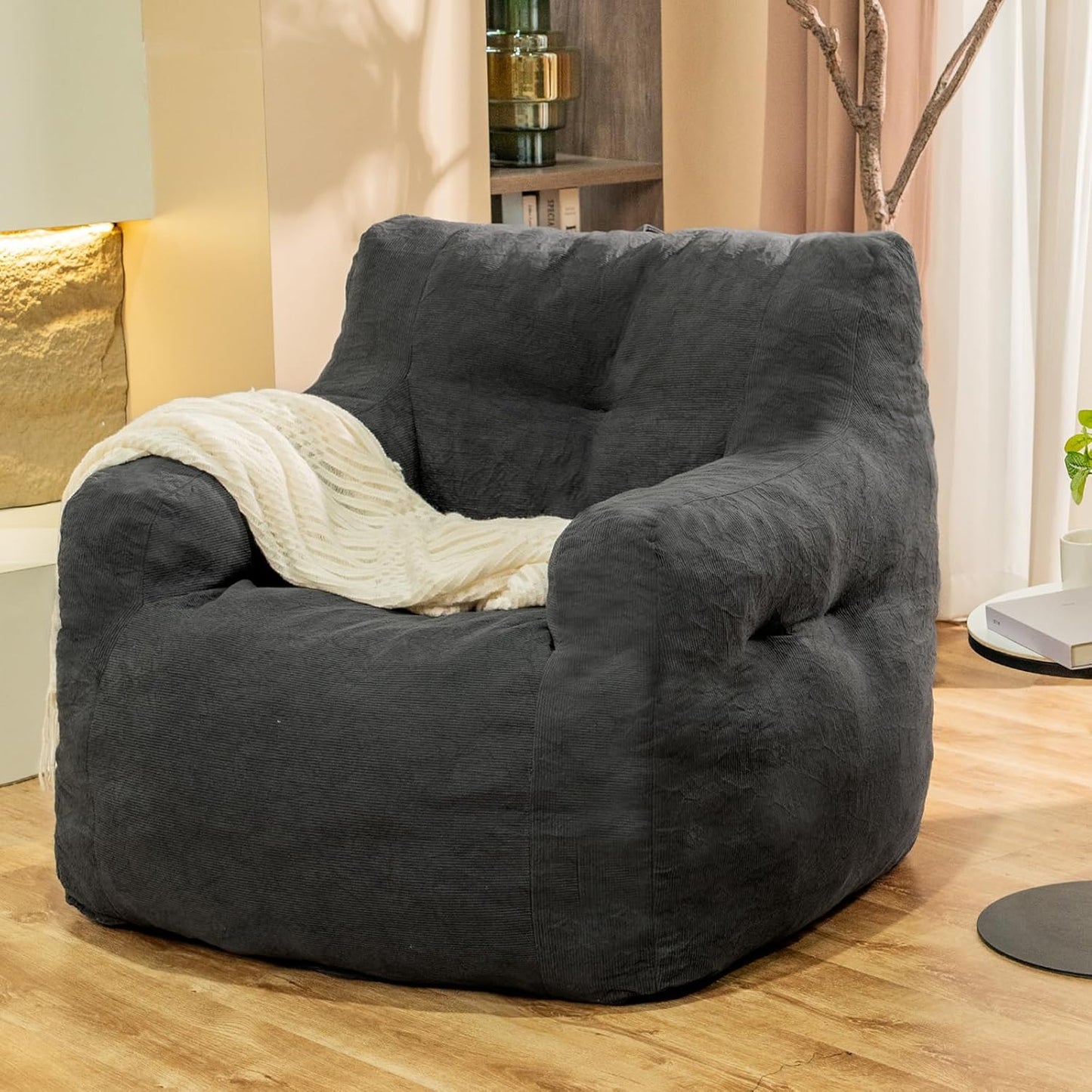 Bean Bag Chair, Bean Bag Chair for Adults, Fluffy and Comfy Bean Bag with Filler, Bean Bag Sofa Chair for Reading, Gaming, Stuffed High-Density Foam, Grey