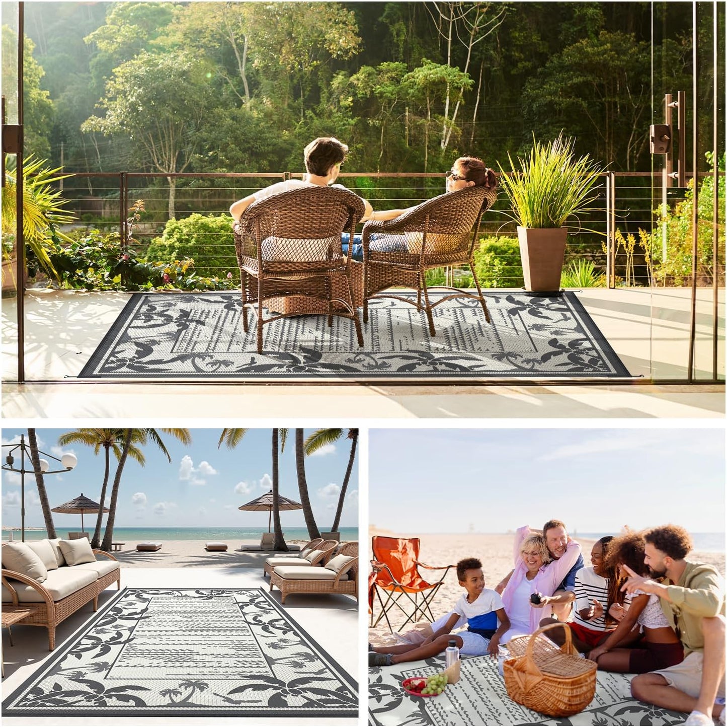 COCOER Outdoor-Rug 8x10 ft Waterproof Reversible Outdoor Plastic Straw Rug RV Indoor Outdoor Carpet Quick Dry Patio Rug Camping Mat for Balcony Backyard Picnic Beach-Grey&Beige