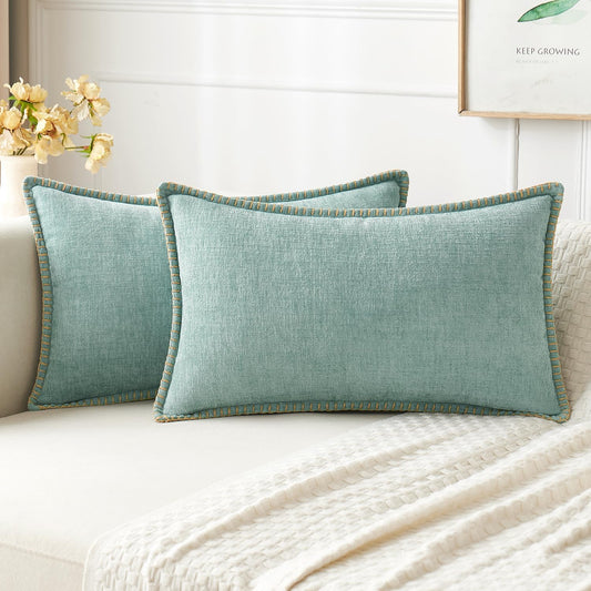 MIULEE Pack of 2 Couch Throw Pillow Covers 12x20 Inch Aqua Green Farmhouse Decorative Pillow Covers with Stitched Edge Soft Chenille Solid Dyed Spring Pillow Covers for Sofa Bed Living Room