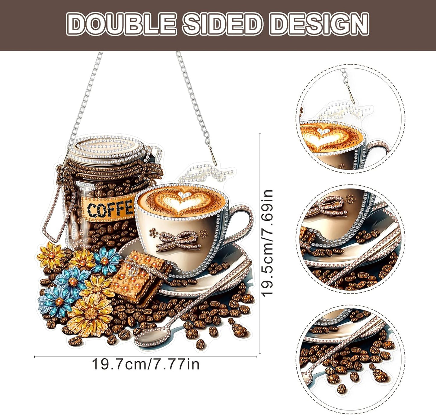 Lxmsja DIY Coffee Beans Diamond Painting Hanging Ornament, Double-Sided Acrylic Flowers Diamond Art Kit, Special Shaped Drill Pendant Window Art Kit, Suncatcher Hanging Craft Decoration 8x8 inch
