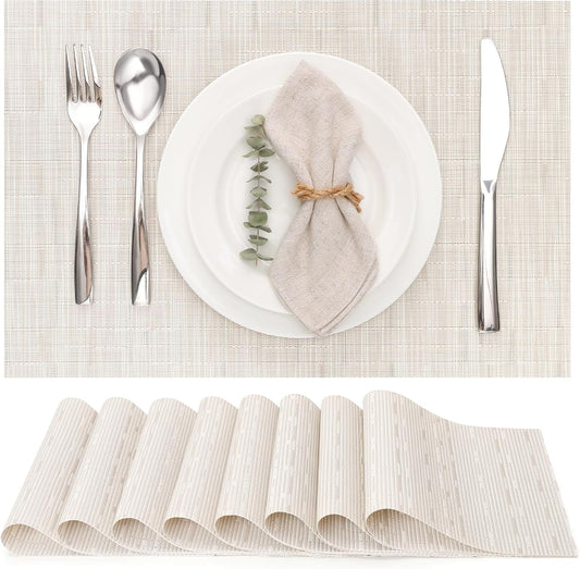 Myir JUN Placemats Set of 8, Vinyl Woven Placemats Place Mats Indoor Set of 8 Washable Table Mats Non-Slip Place mats for Dining Table (B-White, Set of 8)