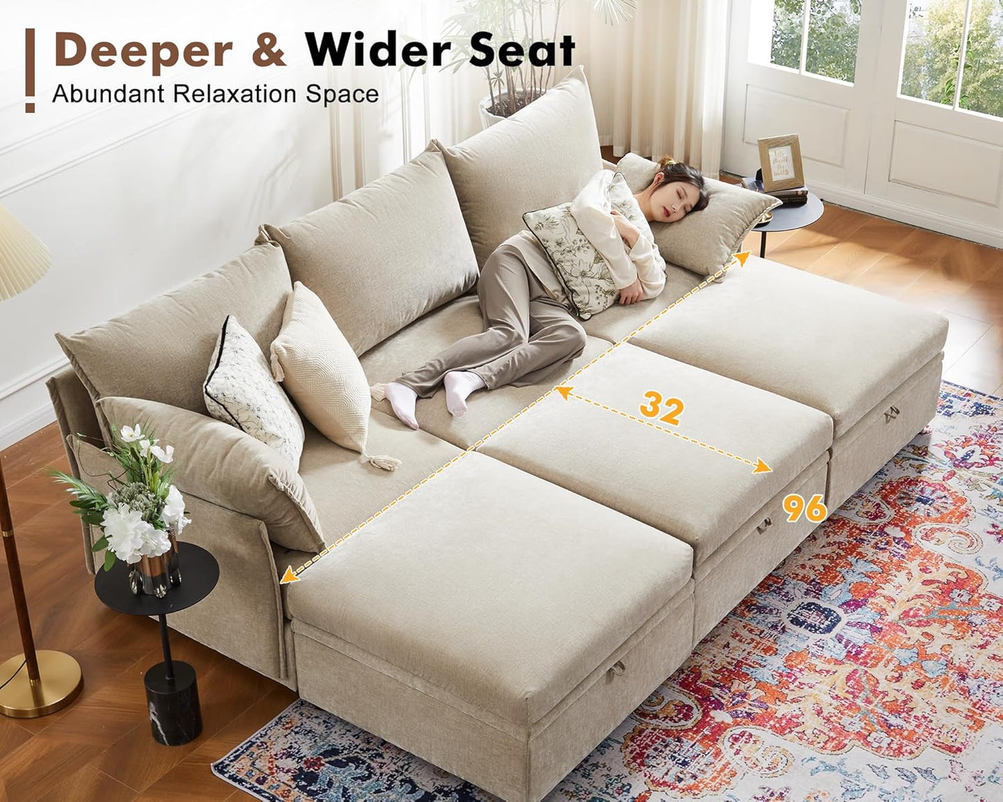 136.4" Oversized Modular Sectional Sofa, U Shaped Convertible Couch with Movable Ottoman, Large 7 Seat Corner Couches for Living Room Deep Seat Beige Chenille