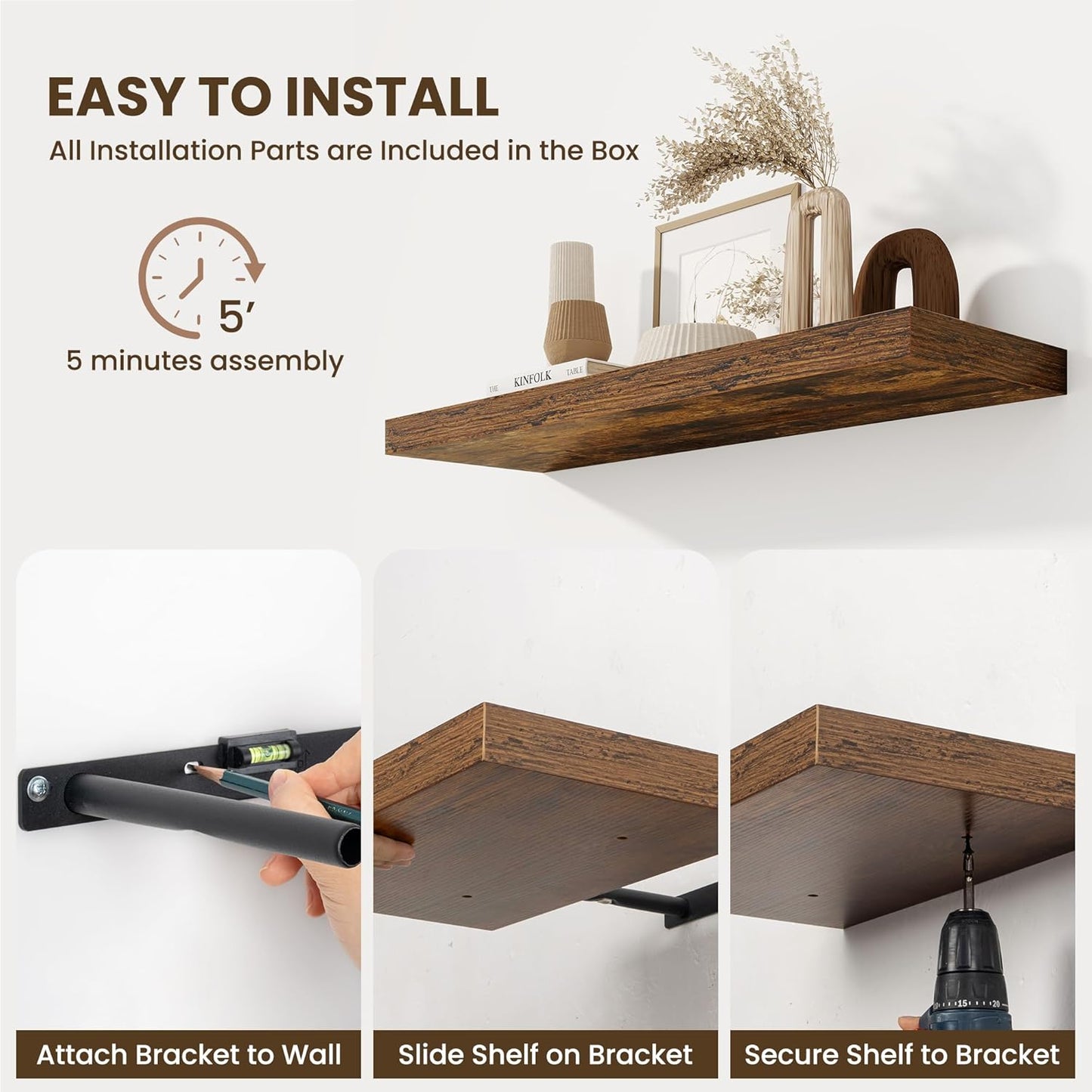 Fun Memories Wood Floating Shelves 16 Inch, 10 Inch Deep Shelves Wall Mount, Wall Shelves with Invisible Bracket, 16" Floating Shelves for Living Room Bathroom Bedroom, Rustic Brown, Set of 2