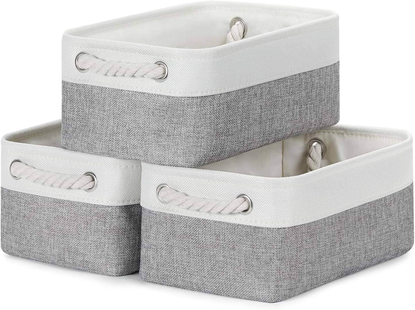 Bidtakay Small Baskets Fabric Storage Baskets for Organizing 3-Pack 12x8x5 Inch Collapsible Storage Bins for Shelves Canvas Bins for Closet Organization Home Baskets Storage Linen Closet S-White&Grey