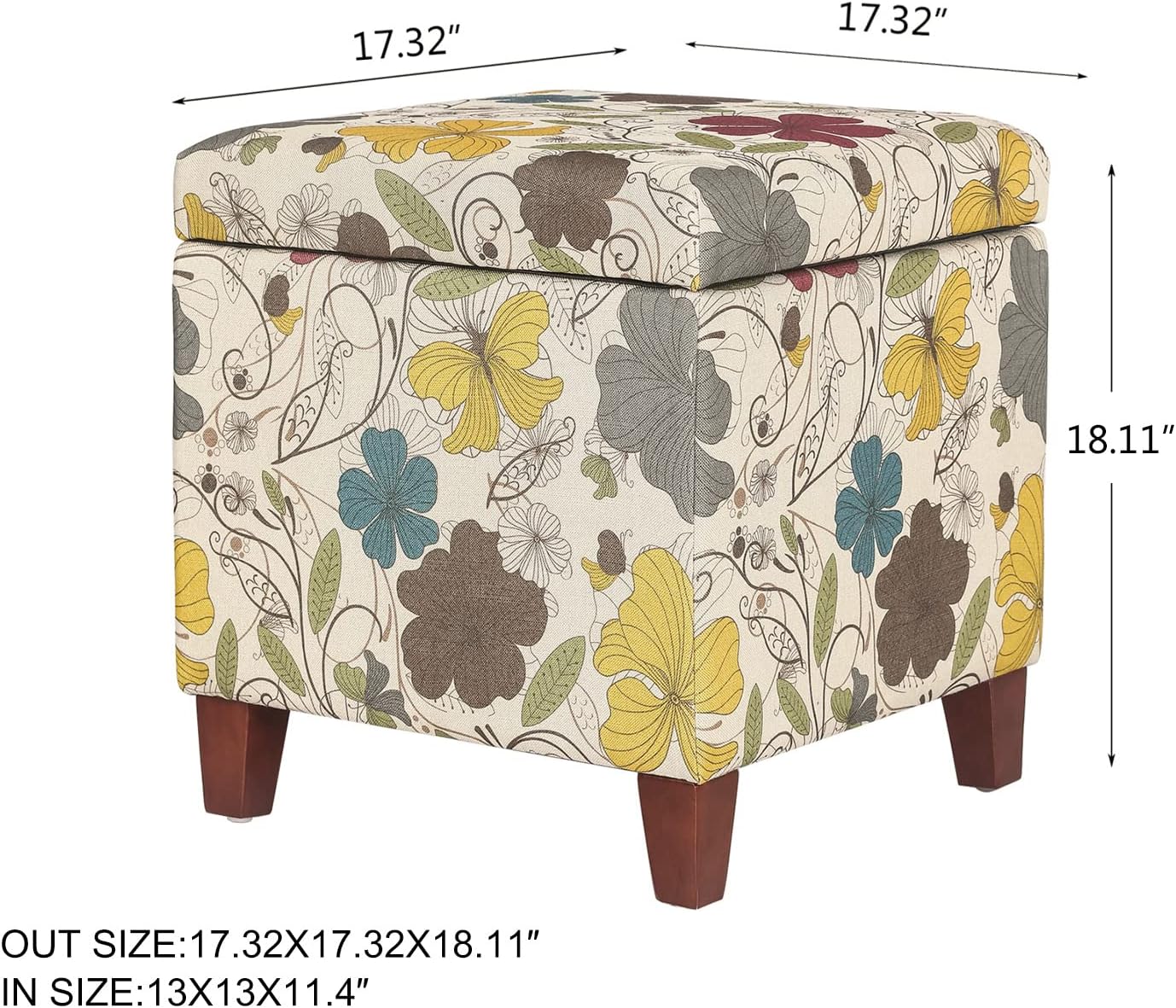 Adeco 18 Inch High Cube Ottoman Storage, Floral Printed Linen Chair Foot Stools, Upholstered Vanity Stool with Hinged Lid, Solid Wood Legs