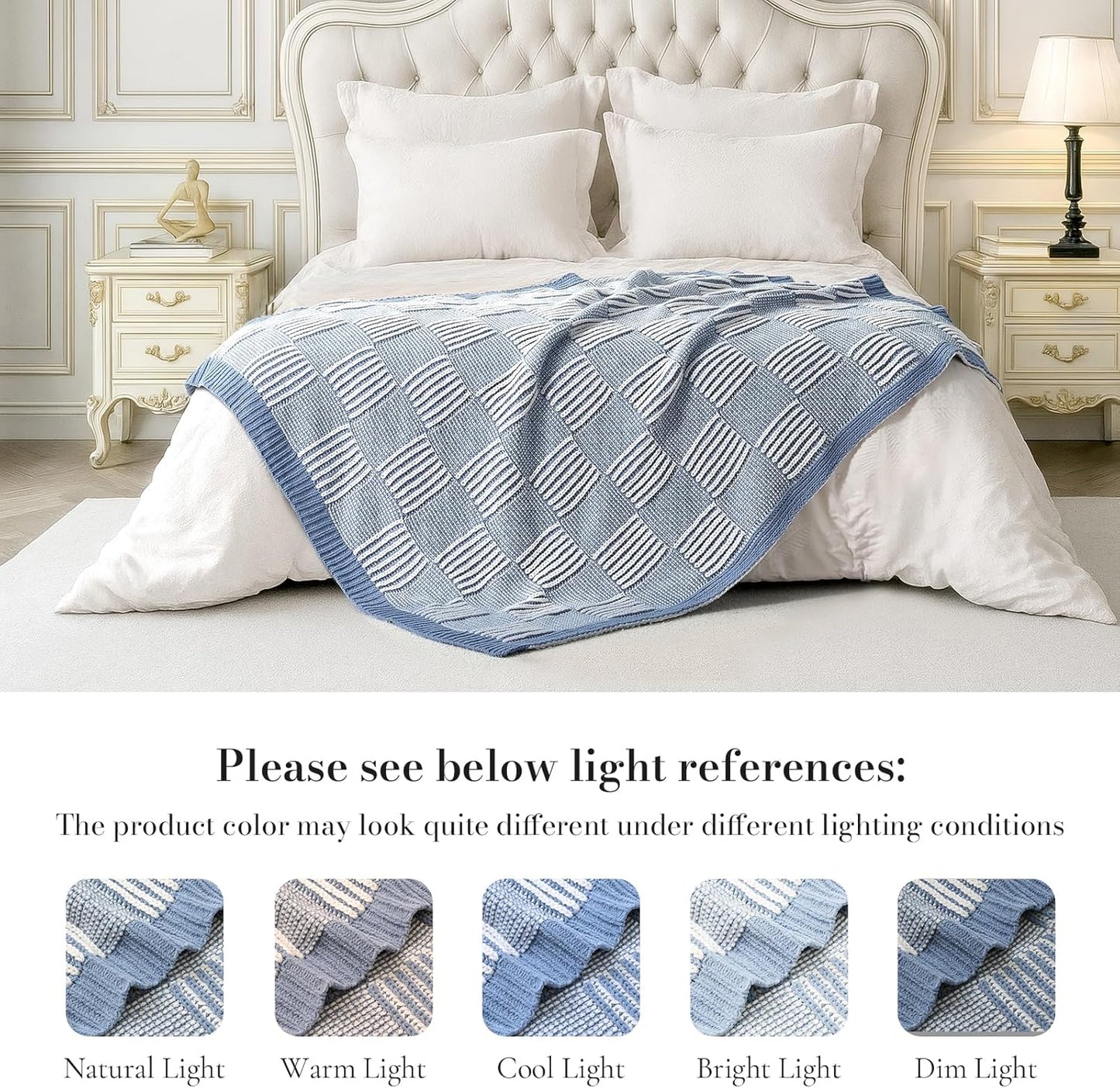 Amélie Home Chenille Knit Throw Blanket for Couch, Checkered Texture Decorative Soft Blanket for Sofa, Bed & Living Room, 50"x60", Blue & White