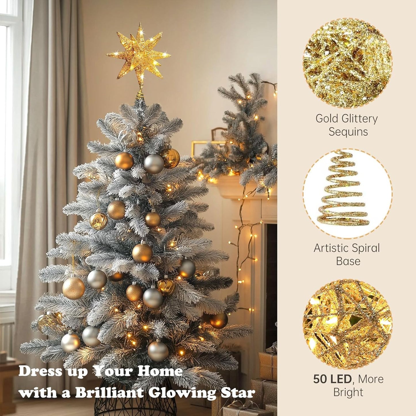 Christmas Tree Topper Star Gold with Warm White 50 LED Lights, Star Tree Topper for Christmas Tree Tradition Moravian Decor, 11X 7.87 Inch with 5m Long Line, Estrella para Arbol De Navidad
