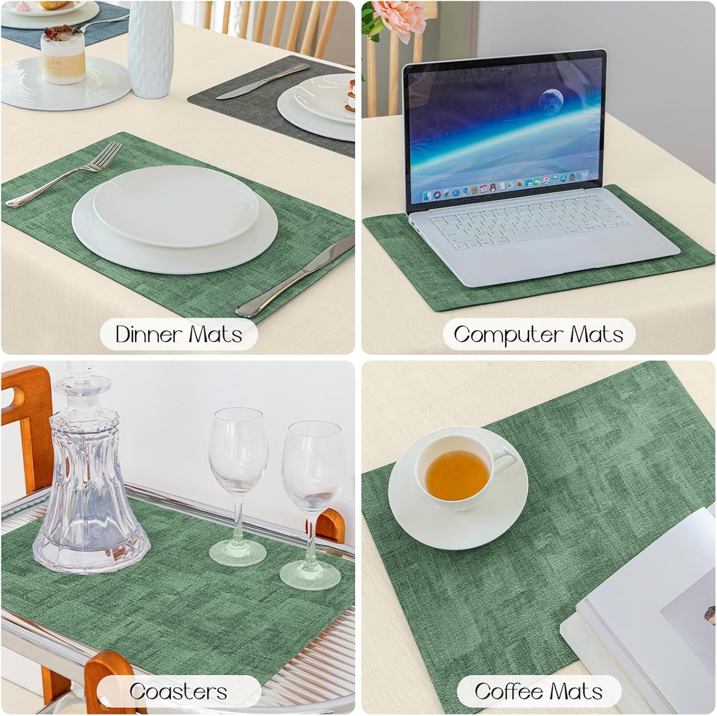 Romanstile Reversible Vinyl Placemats Set of 4, Faux Leather 100% Waterproof Oil-proof Wipeable Place Mats, Heat Resistant Dual Sided Table Mats for Kitchen/Dining/Party (Grey DarkGreen, 12 x 17 Inch)