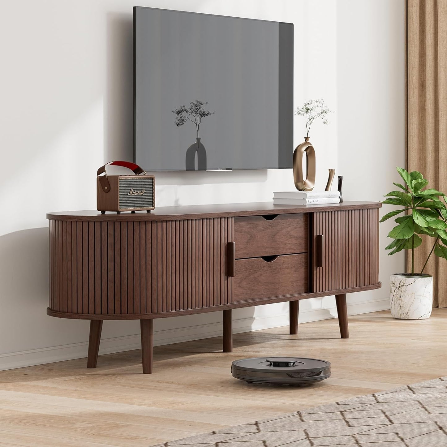55" Mid Century TV Stand, Fluted TV Stand Fits 32" to 60" TVs. Wood Entertainment Center for Living Room, Farmhouse Modern TV and Media Console Table with Storage, Curved Edge and Sliding Door, Walnut