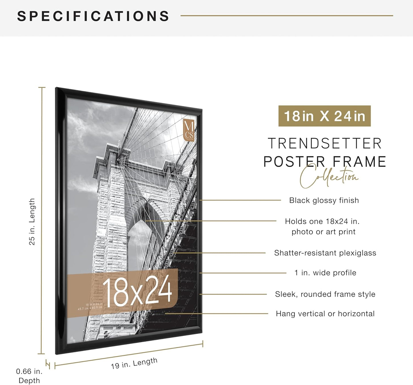 MCS Trendsetter 18x24 Poster Frame Black High-Gloss, Vertical & Horizontal Wall Hanging Large Picture Frame for Photos, Posters & Art Prints (1-Pack)