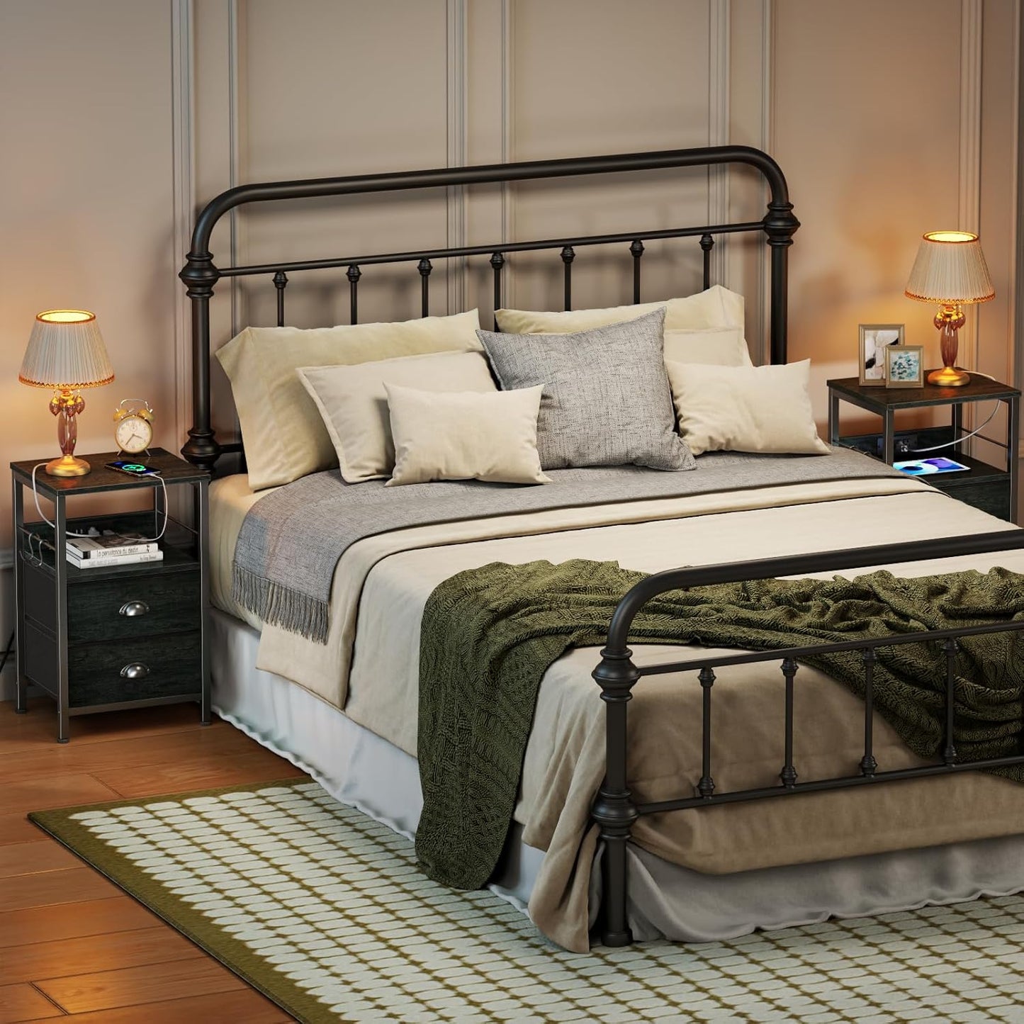 Furologee Nightstand Set of 2, Black Oak, with Charging Station and USB Ports, Side Tables with 2 Fabric Drawers, Bedside Tables with Storage Shelf & Hooks, for Living Room/Bedroom