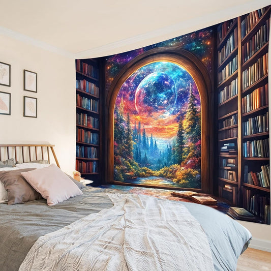 LB Fantasy Bookshelf Moon Tapestry, Trippy Tree and Vintage Library in Forest Wall Tapestry for Bedroom, Galaxy Cool Wall Art for Living Room Dorm Classroom Home Decor Ready to Hanging, 80 x 60 Inches
