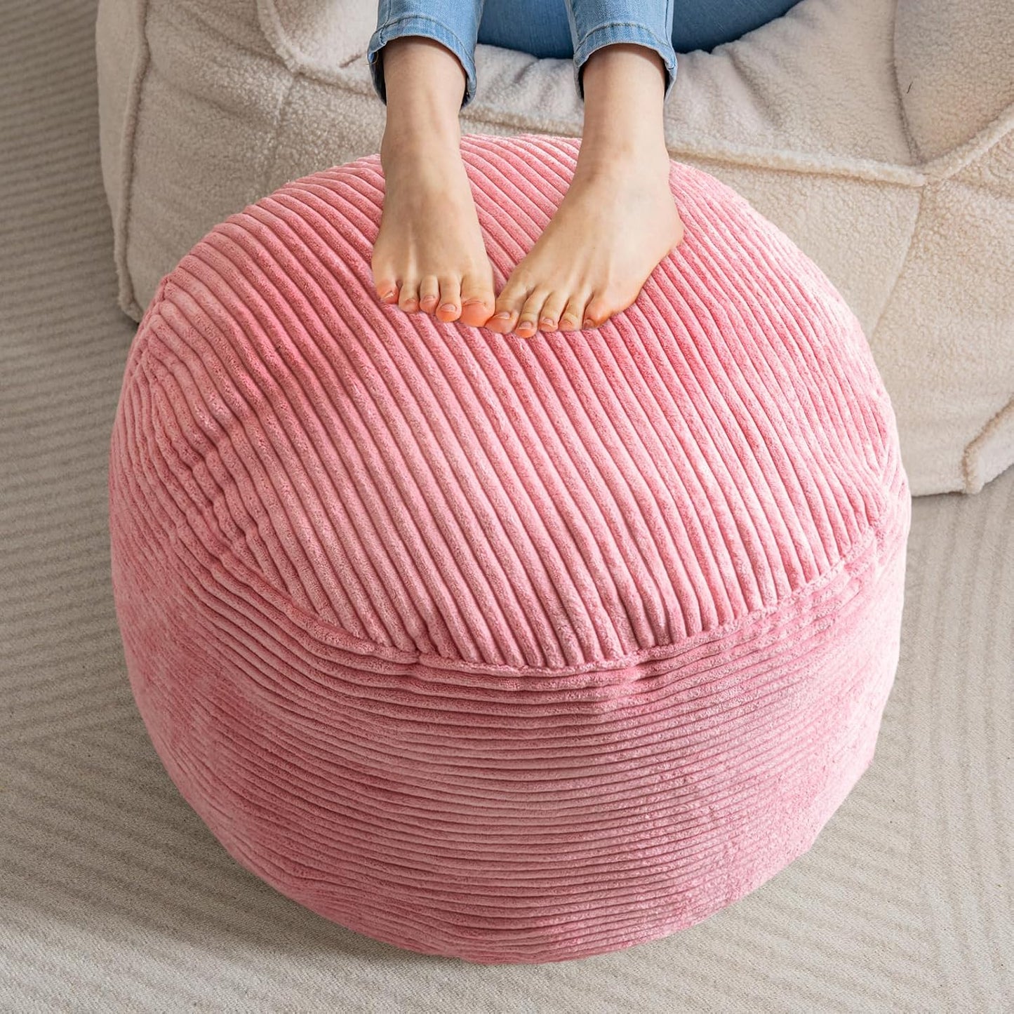 HIGOGOGO Round Stuffed Pouf Ottoman, Corduroy Poufs with Foam Chunk Filling, Furry and Fluffy Pouf Foot Stool Storage Ottoman, 20 X 15 Floor Poufs Foot Rest for Living Room, Pink