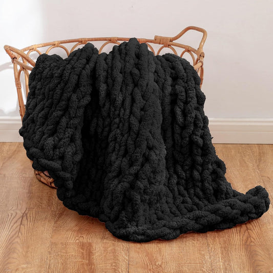 WESHIONGOO Chunky Knit Blanket Throw 40"*40" Knitted Throw Blankets for Couch Bed Fluffy Soft Blanket with Jumbo Chenille Yarn Thick 100% Handmade(Black)