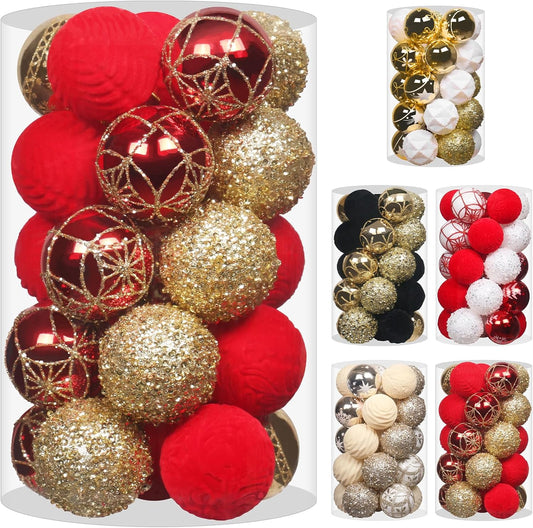 2.36In Velvet Christmas Ball Ornaments, 25PCS Red/Gold Flocked Christmas Tree Hanging Decorations, for Home Holiday Wedding Indoor Xmas Party Decor.