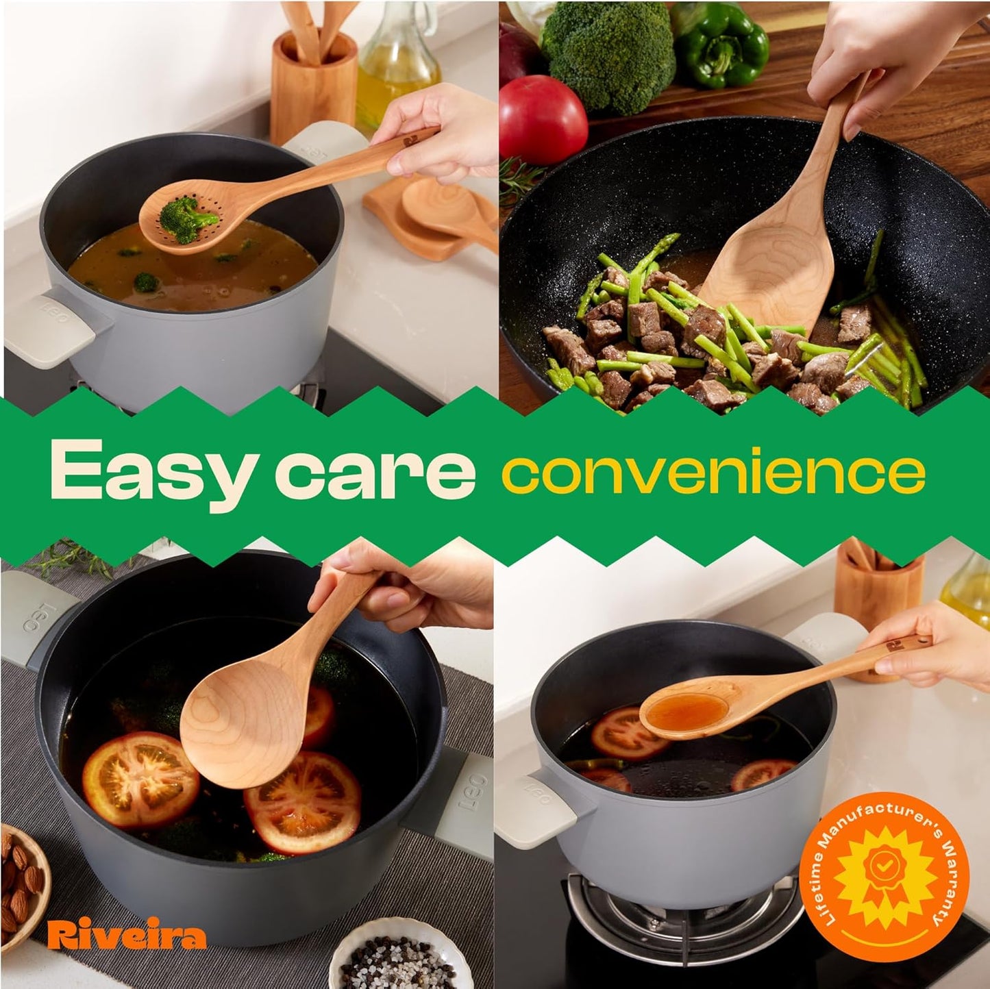 Riveira Cherry Wooden Spoons for Cooking Set of 6 – Natural Cherry Wood Cooking Utensils, Wooden Spatula, Wooden Spoon - Premium Quality Wooden Utensil Set for Non-Toxic Cooking