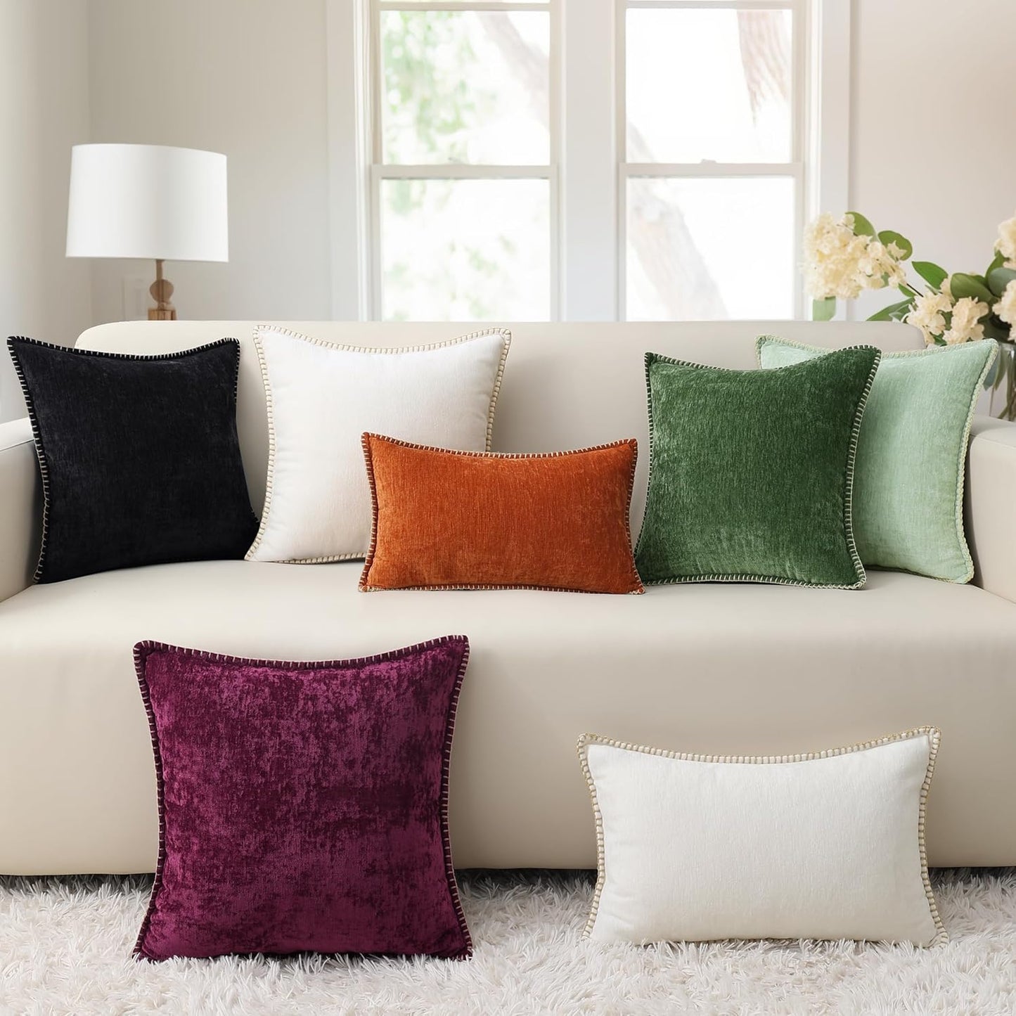 decorUhome Chenille Soft Throw Pillow Covers 20x20 Set of 2, Farmhouse Velvet Neutral Decorative Euro Pillow Covers with Stitched Edge for Couch Sofa Bed Home Decor, Black