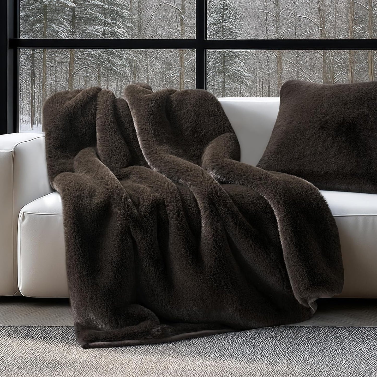 Luxury Soft Faux Chinchilla Fur Throw Blanket for Couch, Warm Thick Heavy Winter Throw Blanket 1220GSM for Bed, Fluffy Cozy Mink Blanket with Reversible Velvet, Espresso Mink, 50"x60"