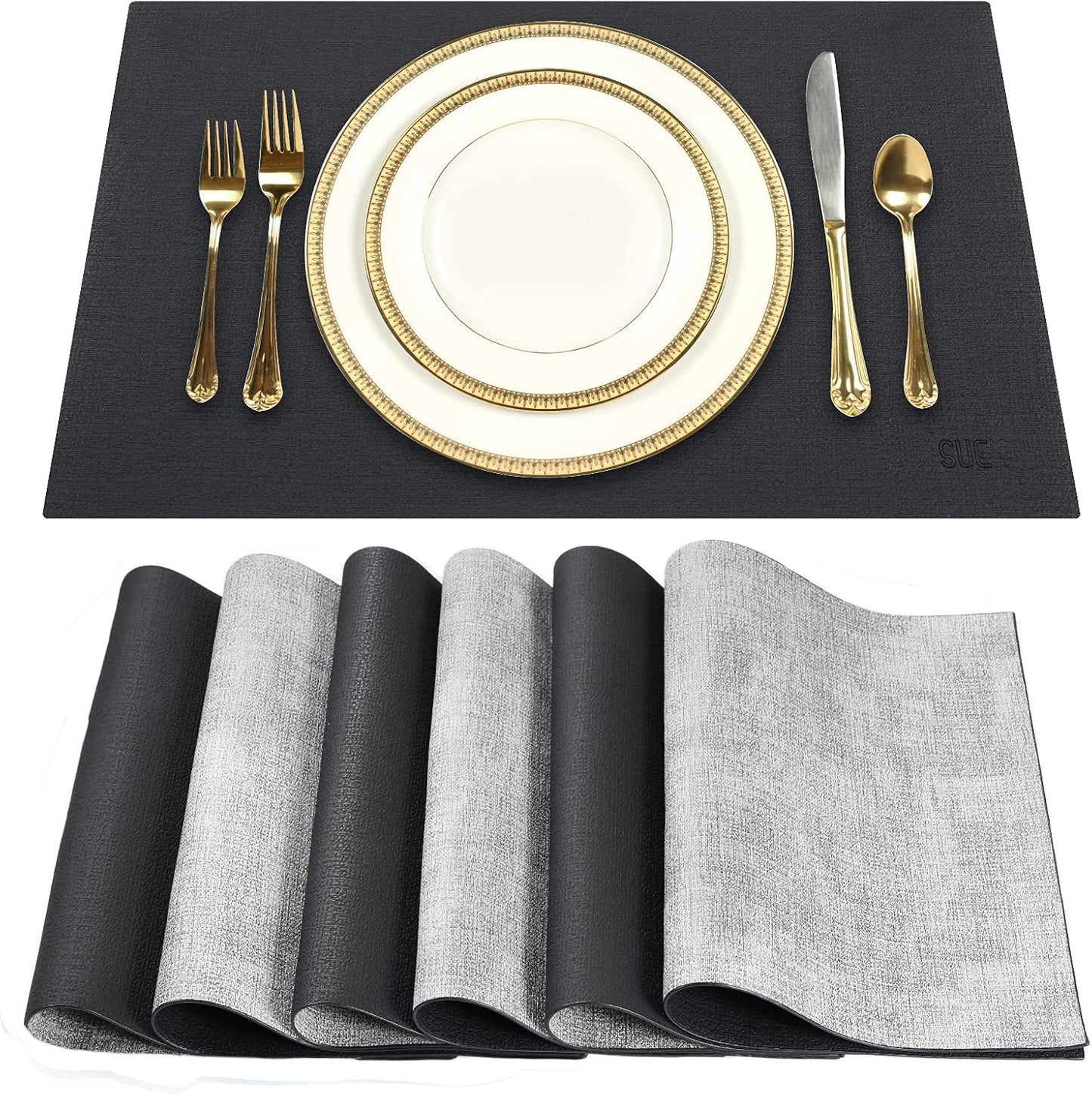SUEH DESIGN Leather Placemats Set of 6 Reversible Table Mats Heat Resistant Waterproof No-Slip Place Mats for Dining Table Kitchen Parties
