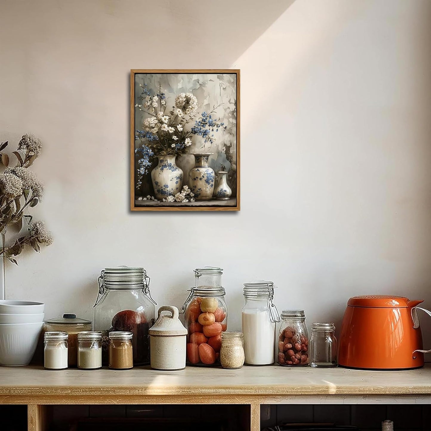 Floating Framed Farmhouse Floral Canvas Wall Art, Vintage Blue and White Flower Pictures Wall Decor, Elegant Art Jar Posters Print for Living Room Bedroom Bathroom Rustic Decor 8x10 inch