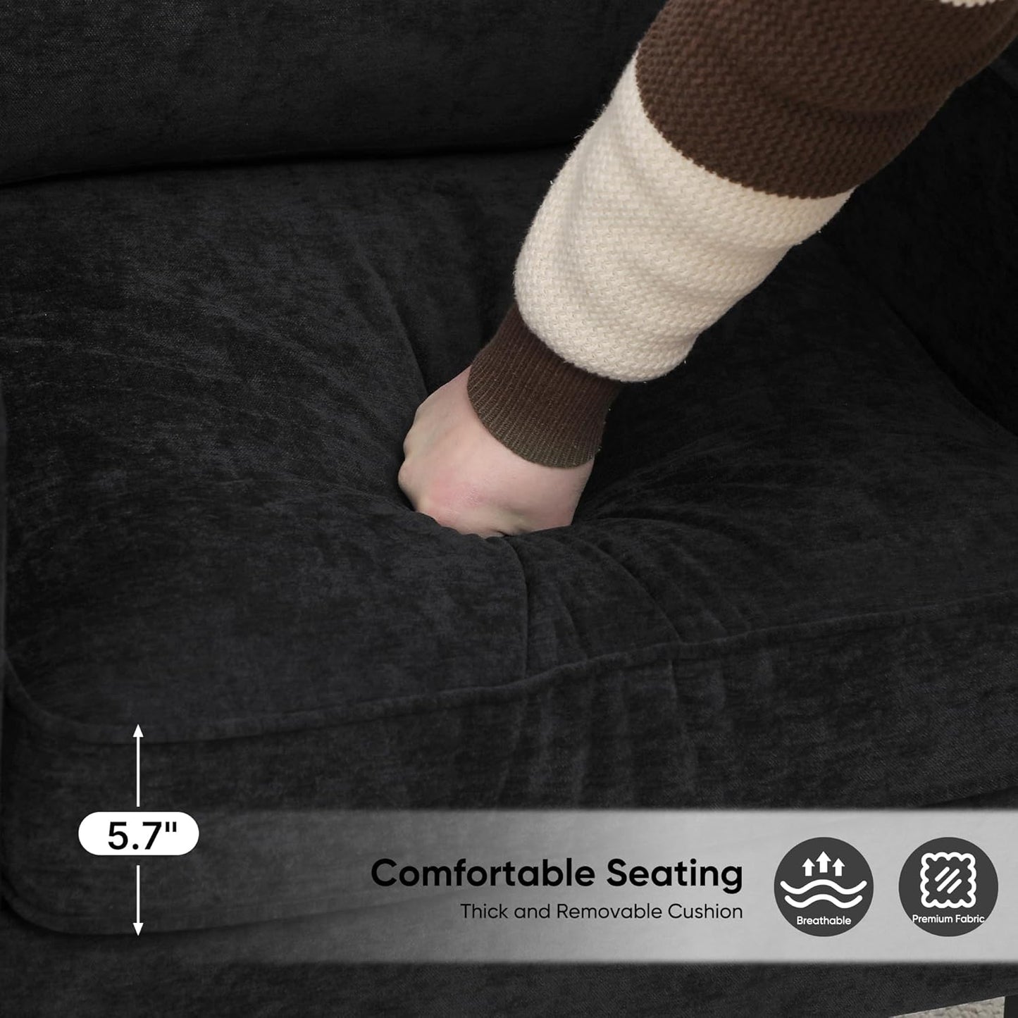 Accent Chairs Set of 2, Upholstered Living Room Chairs with Side Pockets, Mid Century Modern Reading Chair for Bedroom, Comfy Armchair Single Sofa Side Chair for Office, Small Room, Black