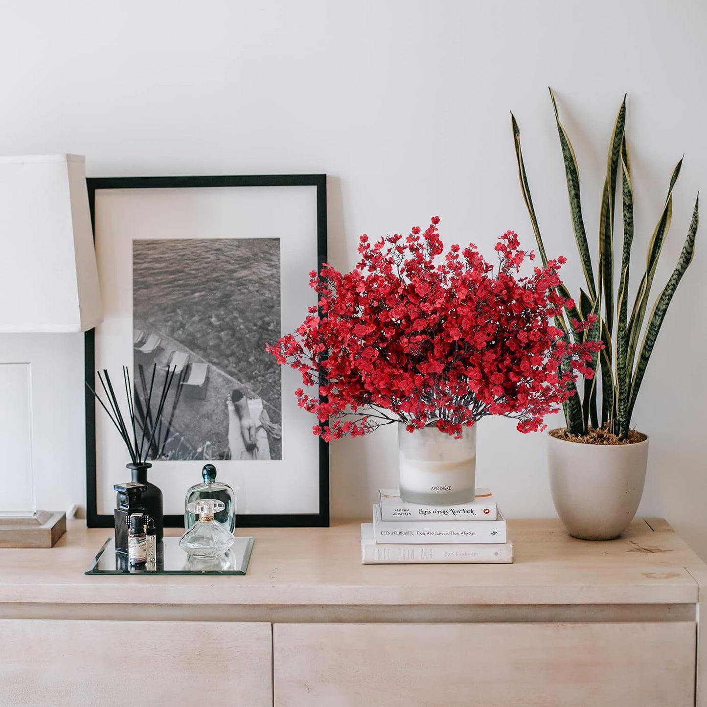 Sggvecsy 15 Pcs Babys Breath Artificial Flowers Gypsophila Bouquets Bulk Real Touch Fake Silk Flowers for Home Wedding DIY Floral Arrangement Kitchen Christmas Centerpiece Festival Decoration (Red)