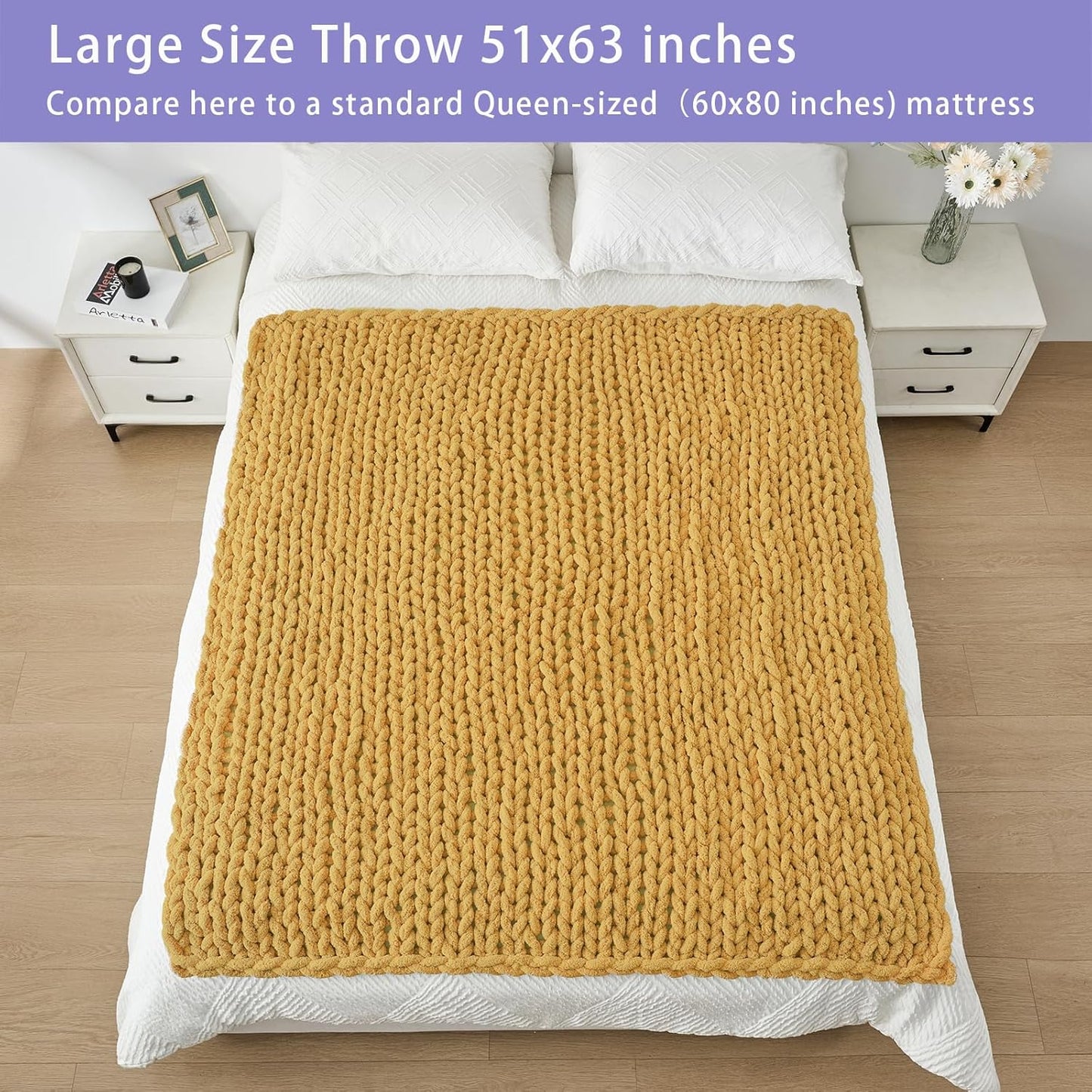 Bigacogo Chunky Knit Throw Blanket for Couch, 51x63 inches, 100% Hand Knitted with Thick Jumbo Chenille Yarn, Cozy Soft Large Rope Knot Cable Crochet Blankets for Sofa Bed Living Room, Mustard Yellow