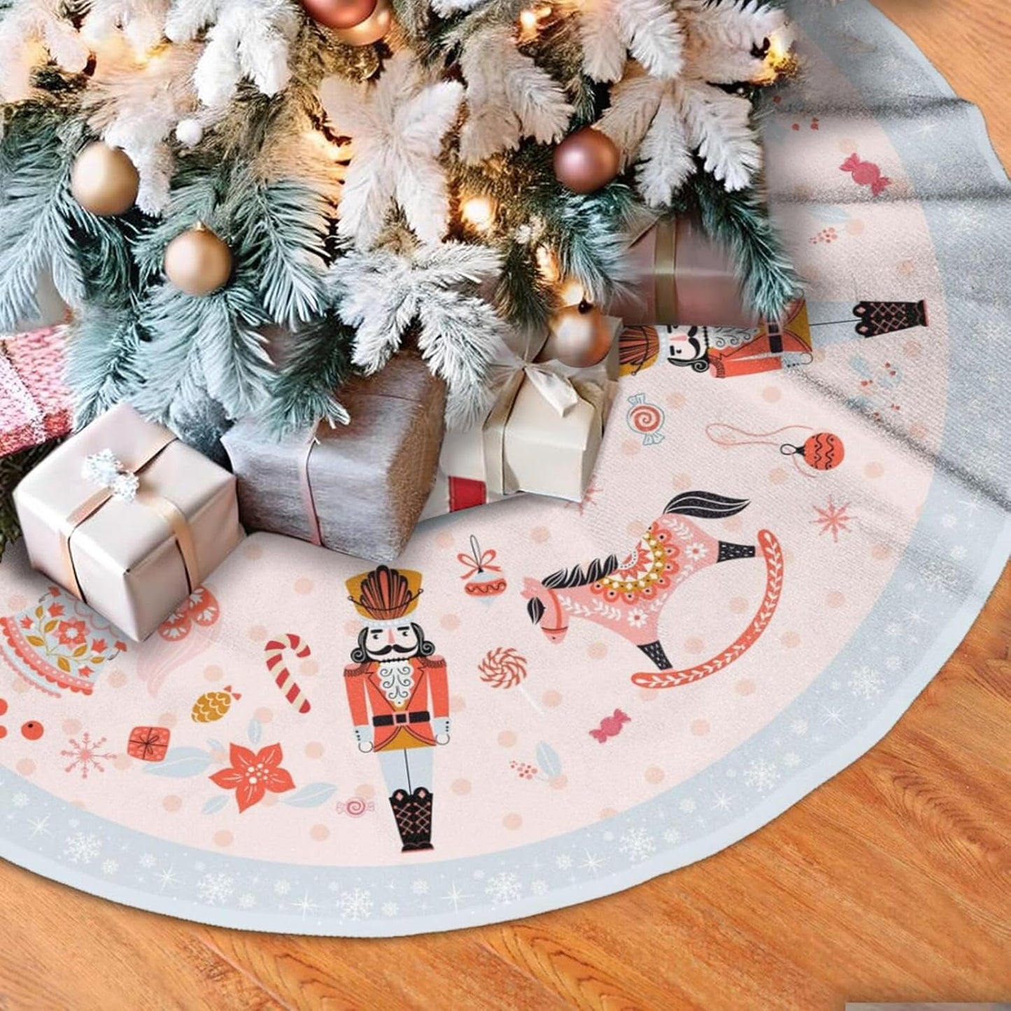48" Large Christmas Tree Skirt, Nutcracker Candy Pattern Tree Mat Base Cover for Xmas Festive Holiday Party Decoration Ornaments