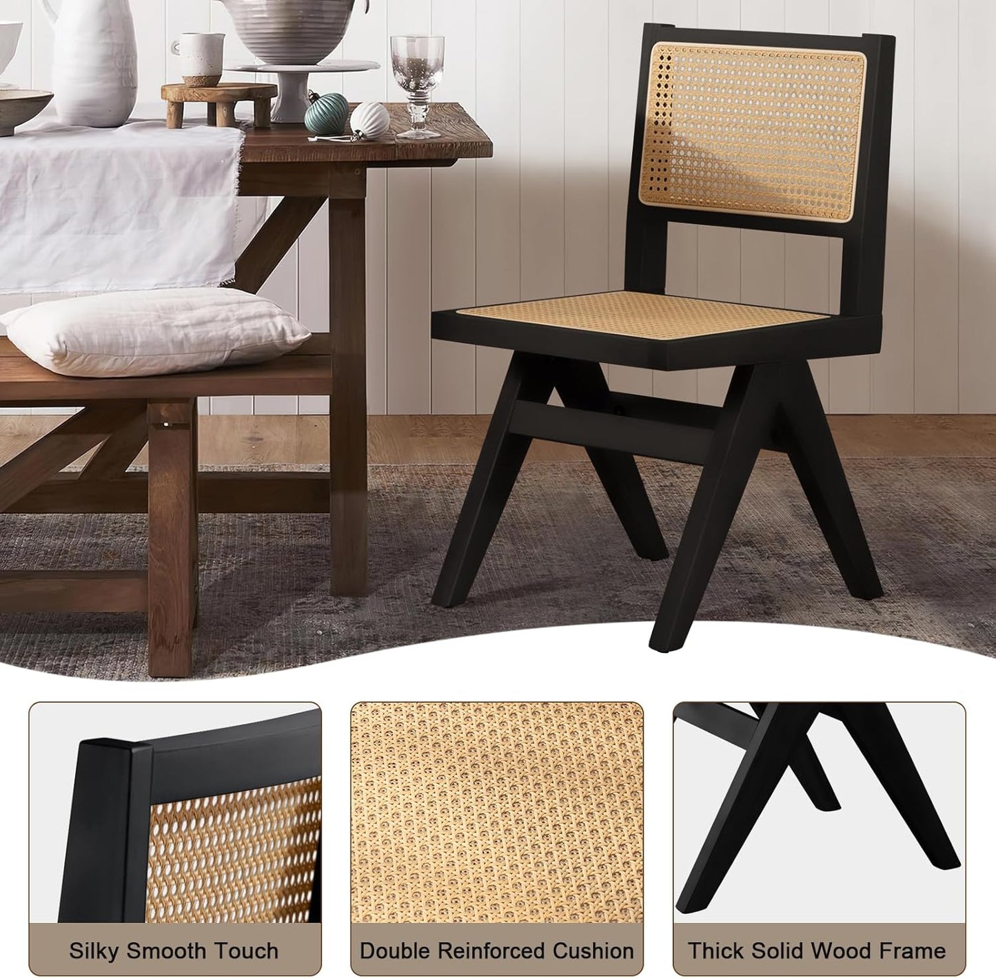 Black Rattan Dining Chairs Set of 2, Modern Kitchen Chairs Armless for Dining Room