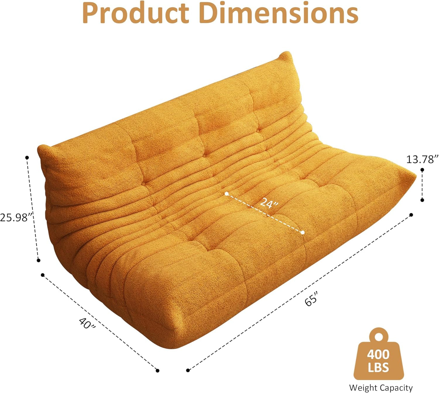 Bean Bag Chair, Oversized Bean Bag Chair for Living Room, Fireside Chair for Adults with Memory Foam Filled, Big Accent Lounge Floor Sofa for Reading, Relax, No Assembly Required. (Yellow 3-Seater)