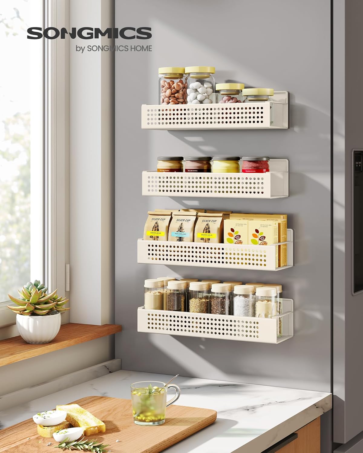 SONGMICS Magnetic Spice Rack for Refrigerator, Set of 4, 2 Large and 2 Small Kichen Magnetic Shelves for Microwave, Washing Machine, Spice Organizers, No Drilling Needed, Cream White UKCS061W01