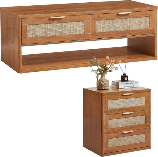 LEYAOYAO Boho Rattan Coffee Table and End Table Sets, 48" Wide Center Tables & 23" Night Stand with 3 Drawers, Brown Wood Coffee Table for Living Room 2 Piece Set