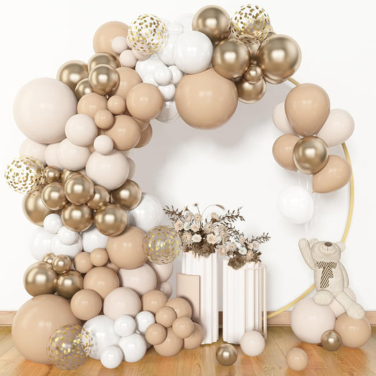 Amandir 153pcs White Sand Balloon Garland Arch Kit, Different Sizes 18 12 10 5 inch Beige Cream Champagne Gold Latex Metallic Confetti Balloons for Boho Neutral Baby Shower Birthday Party Decorations