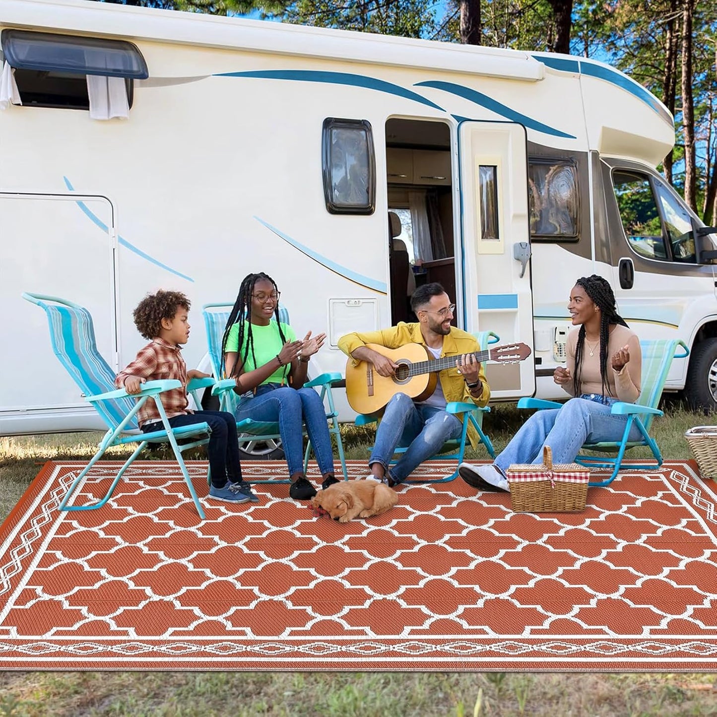 GAOMON Reversible Outdoor Rug 9'x18' Waterproof Plastic Straw Rug, Patio Rug, Large Modern Area Rug Carpet, Indoor Outdoor Rugs for Camping, Porch, Deck, Balcony, Backyard, Orange/White(Geometric)