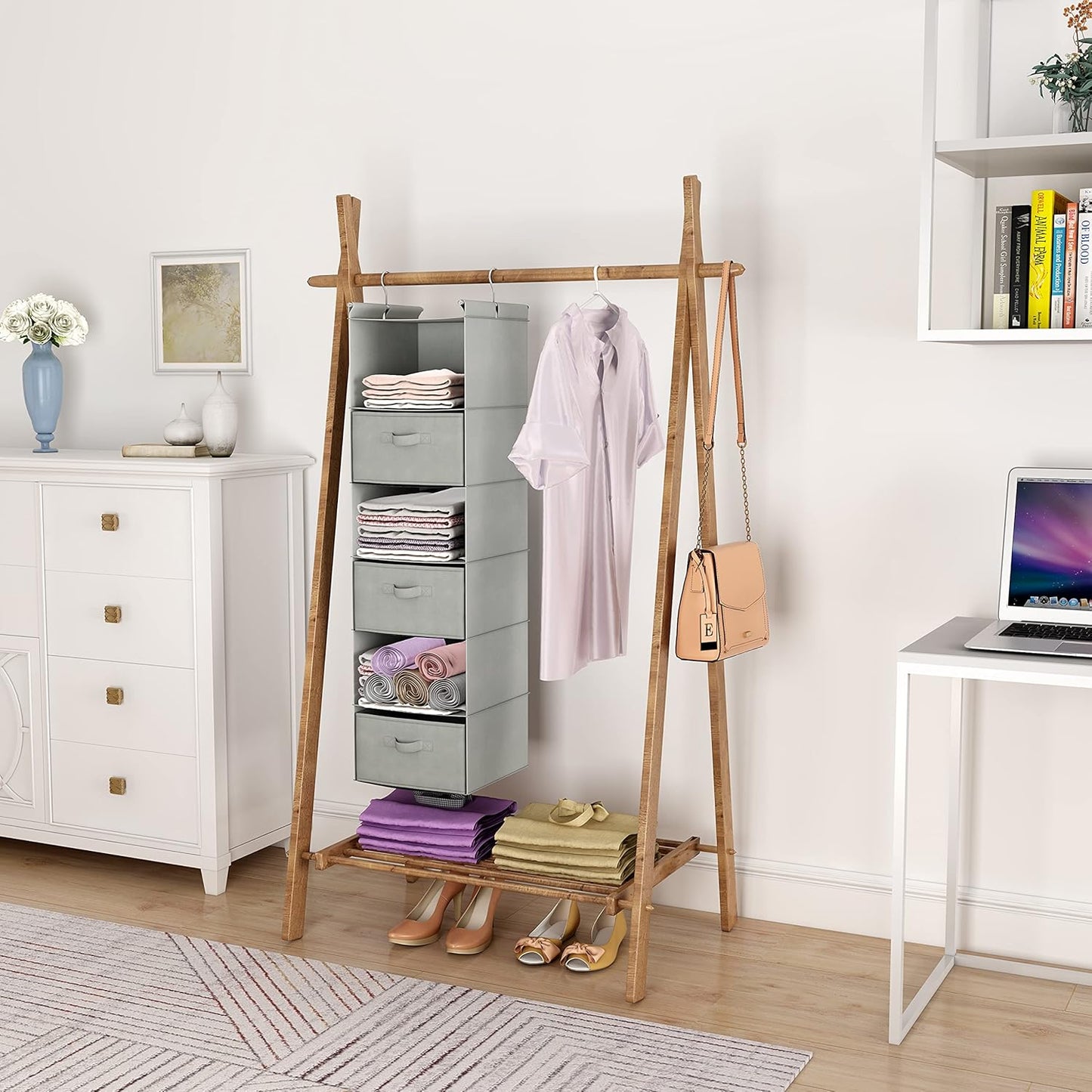 MAX Houser 6 Tier Shelf Hanging Closet Organizer, Closet Hanging Shelf with 2 Sturdy Hooks for Storage, Foldable (Light Grey-D3)