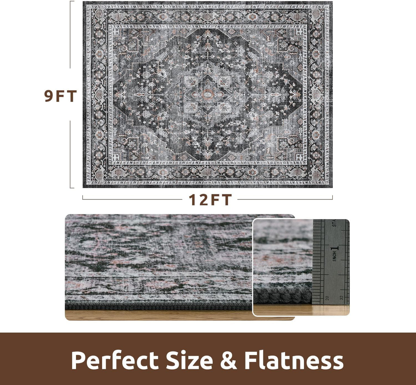 AMOAMI-Area Rug 9X12 Rugs for Living Room-Vintage Soft Black Rugs for Bedroom-Non Slip Carpet-Washable Rug for Dining Room Living Room Bedroom Office Under Table,Dark Grey & Black