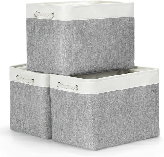Bidtakay Large Storage Baskets for Organizing 3-Pack Fabric Closet Organizers Storage Bins with Handles 16x11.8x11.8 In Collapsible Baskets for Shelves Cloth Home Organization L-White&Grey