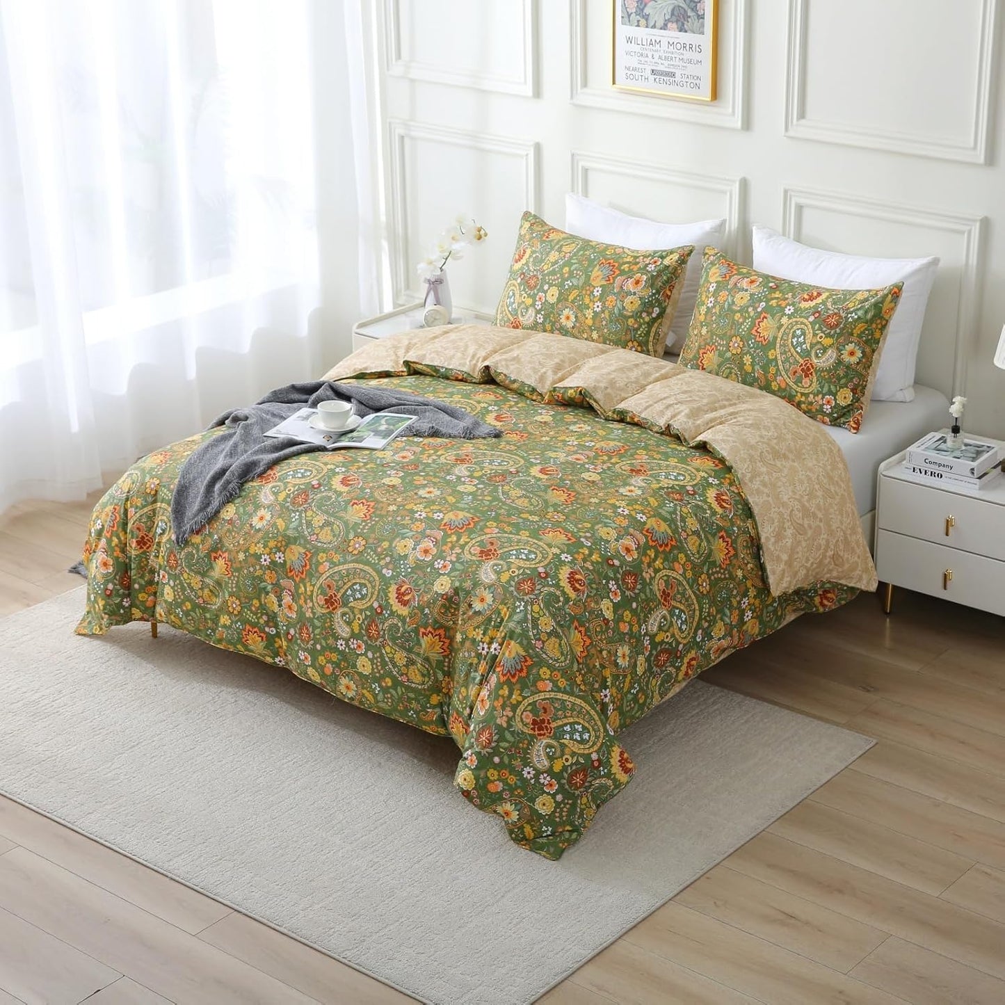 ABREEZE Paisley Bedding Sets 3Pcs Brushed Cotton Duvet Cover Set Queen Size Rustic Damask Green Floral Comforter Cover with Zipper Closure Boho Bedding Collections