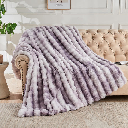 Lotus Karen Faux Fur Throw Blanket Tie-Dye Purple - Big Bubble Rabbit Fluff Blanket for Couch, Large Fluffy Fuzzy Cozy Blanket,Thick Furry Plush Shaggy Blankets,90x90 Inches